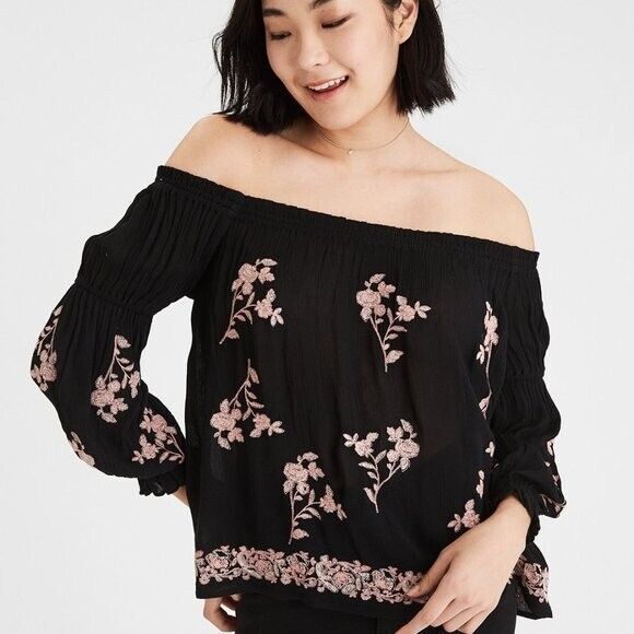 American Eagle Outfitters Tops - American Eagle Outfitters Sz S Off The Shoulders Blouse Black Floral Embroidered